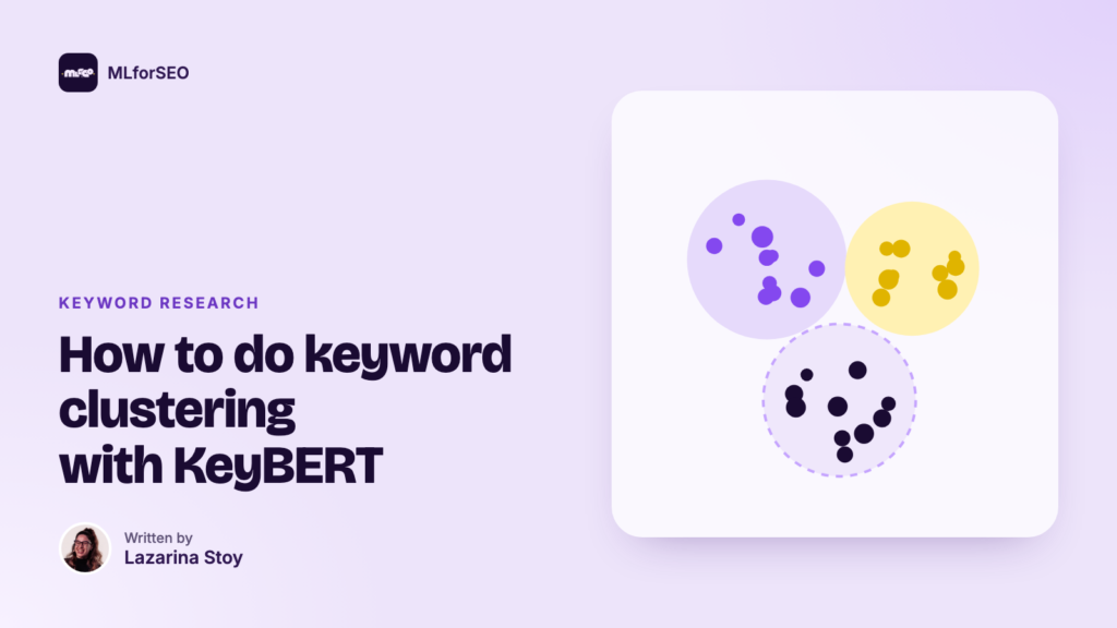 How to do keyword clustering with KeyBERT: illustration of groups of similar points forming clusters. An MLforSEO guide by Lazarina Stoy.