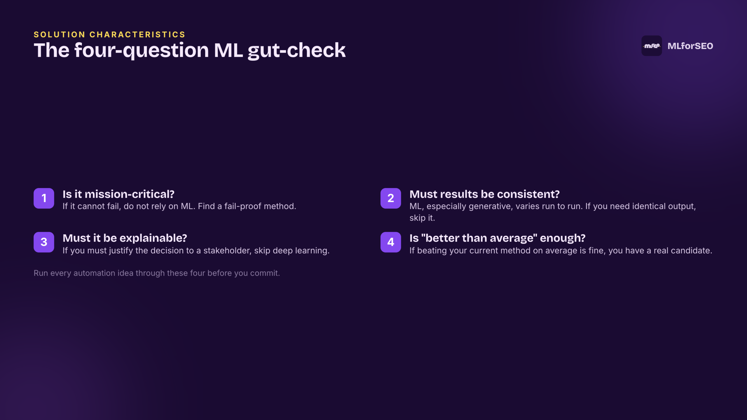 The four-question ML gut-check: mission-critical, consistent, explainable, better than average