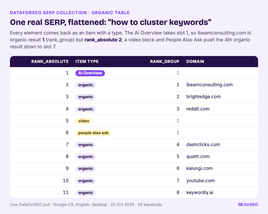 Flattened organic and SERP-feature rows for the Google SERP 'how to cluster keywords', showing rank_absolute, item type and rank_group for each element