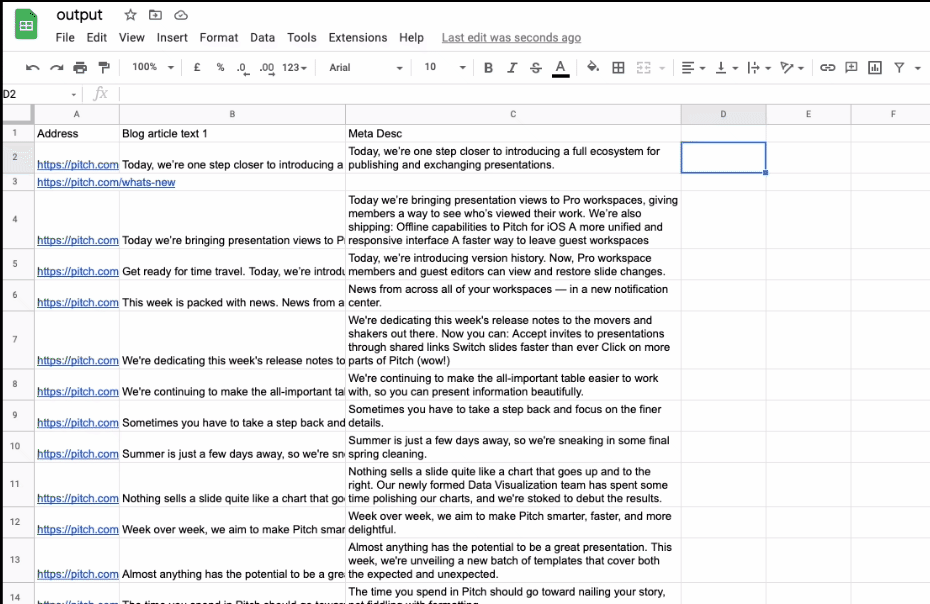 Spreadsheet of the output file with URLs, scraped article text and BERT-generated meta descriptions filled in column C