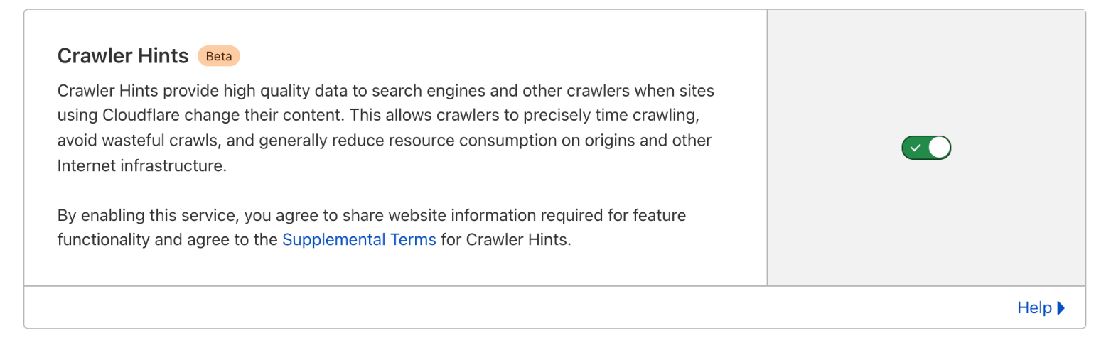 Cloudflare dashboard card for Crawler Hints (Beta) with the toggle switched on