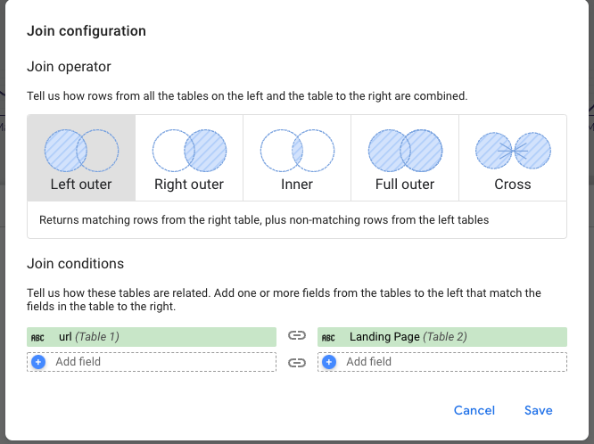 Data Studio join configuration with the Left outer join operator selected and the condition url (Table 1) equals Landing Page (Table 2)