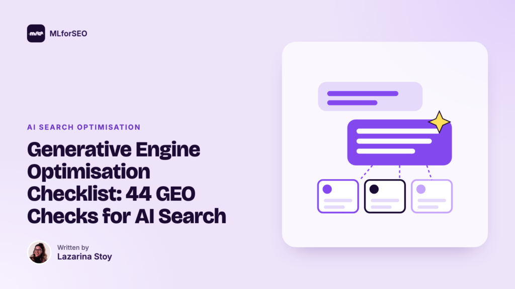 Generative Engine Optimisation Checklist: 44 GEO Checks for AI Search: illustration of an AI answer citing source documents. An MLforSEO guide by Lazarina Stoy.