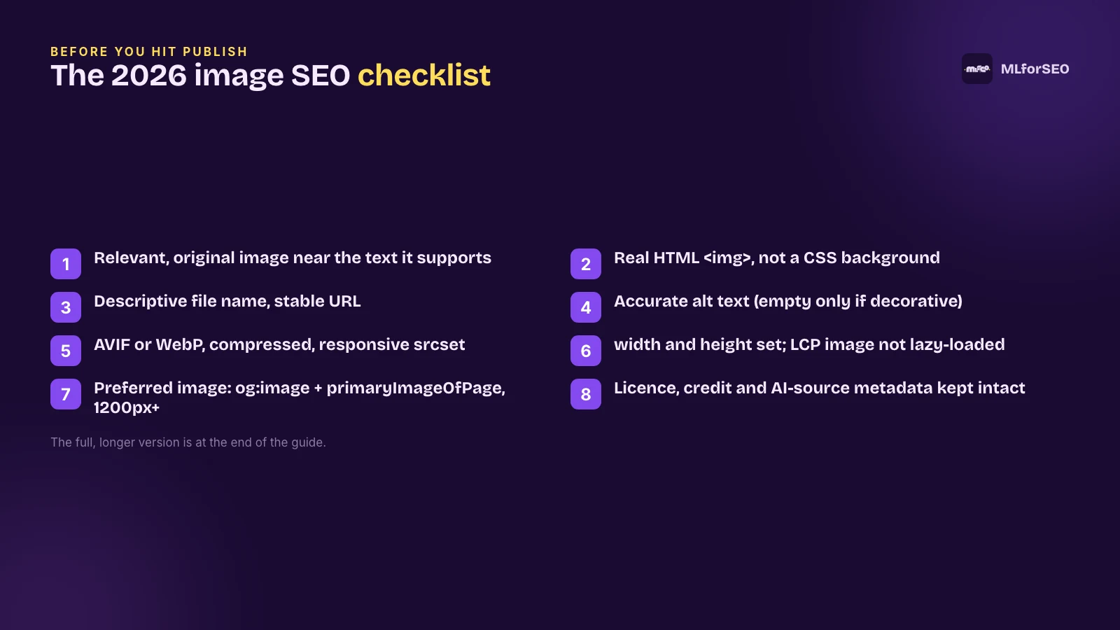 Eight-point image SEO checklist for 2026, from relevant original images and alt text to AVIF, lazy-loading and licence metadata