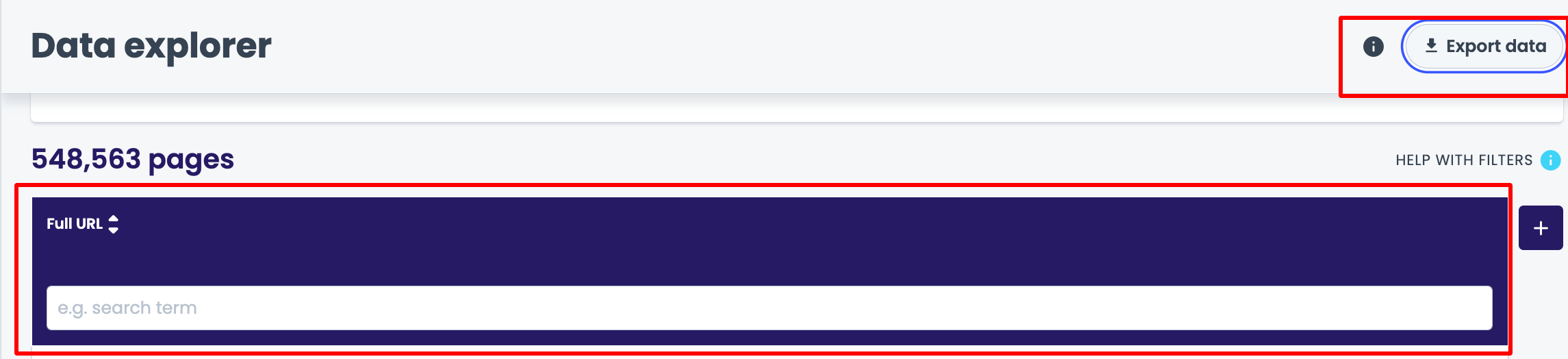 Oncrawl Data explorer showing 548,563 pages with only the Full URL column kept and the Export data button highlighted