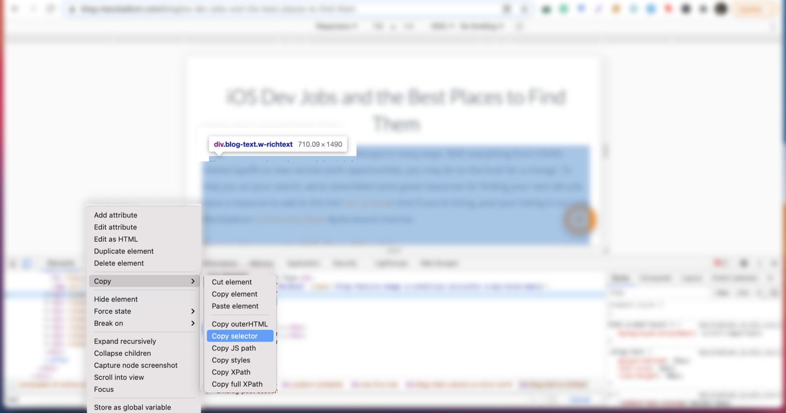 Chrome DevTools Elements panel with the right-click menu open on a highlighted content div, showing Copy > Copy selector