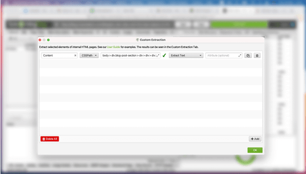 Screaming Frog Custom Extraction window with a CSSPath selector for the blog post body set to Extract Text