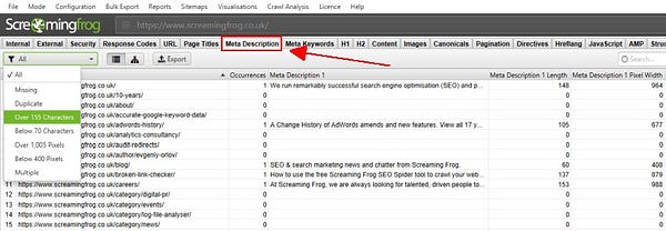 Screaming Frog SEO Spider Meta Description tab with the filter menu open, showing Missing, Duplicate, Over 155 Characters and Below 70 Characters options
