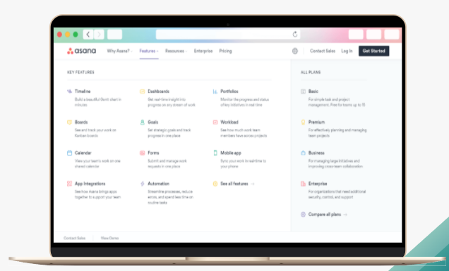 Asana's desktop mega menu, organising key features such as Timeline, Boards, Calendar, Goals and Workload, each with a one-line benefit, next to plans