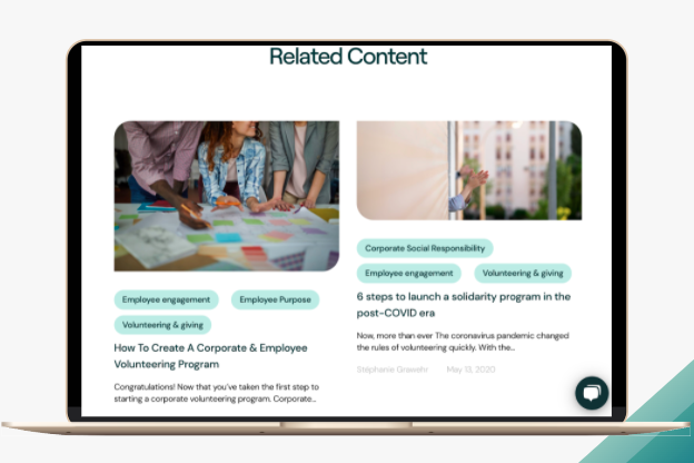 Laptop mock-up of a Related Content section at the end of an article, with two related posts tagged by topic