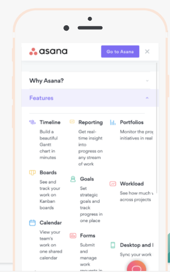 Asana's mobile menu, showing the same features and their benefits in a collapsible list