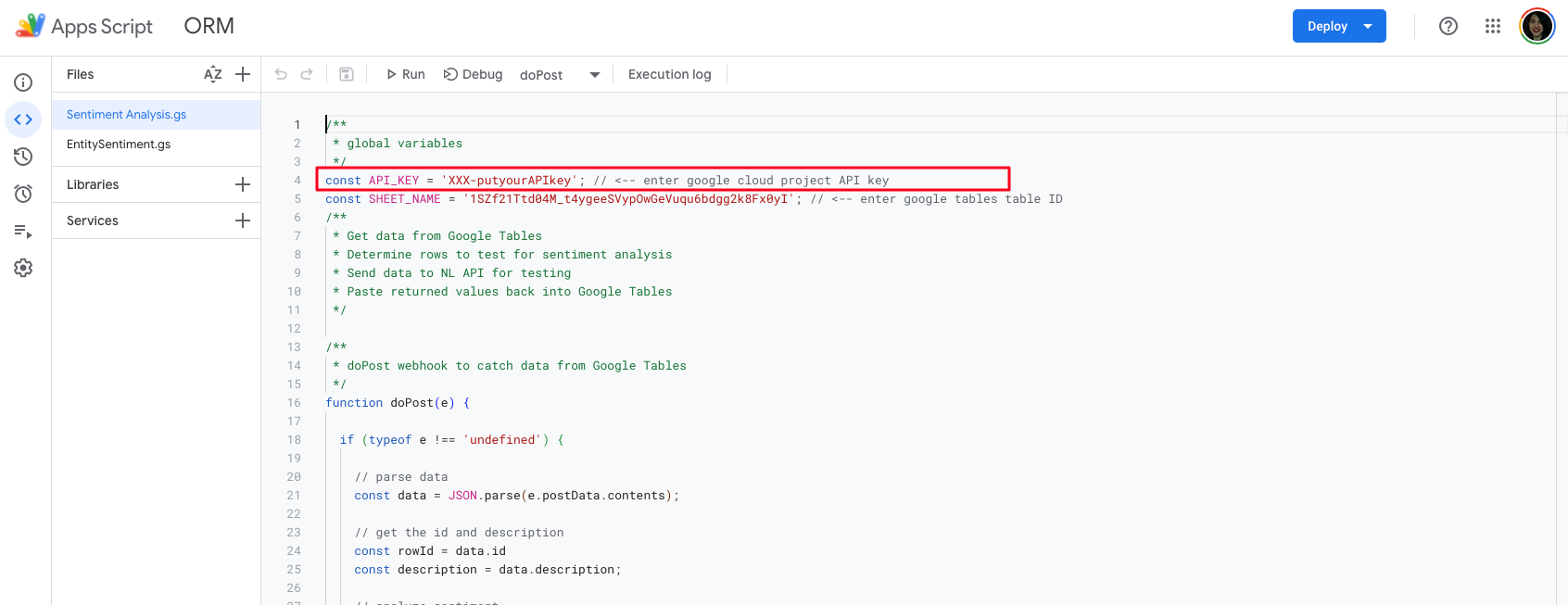 Apps Script editor with the Sentiment Analysis.gs file open and the API_KEY line highlighted where you paste your Google Cloud API key
