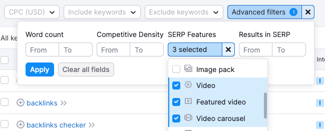 Semrush Keyword Magic Tool advanced filters with the Video, Featured video and Video carousel SERP features selected