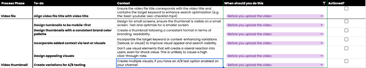 YouTube SEO Checklist rows for the video file and thumbnail steps to complete before uploading